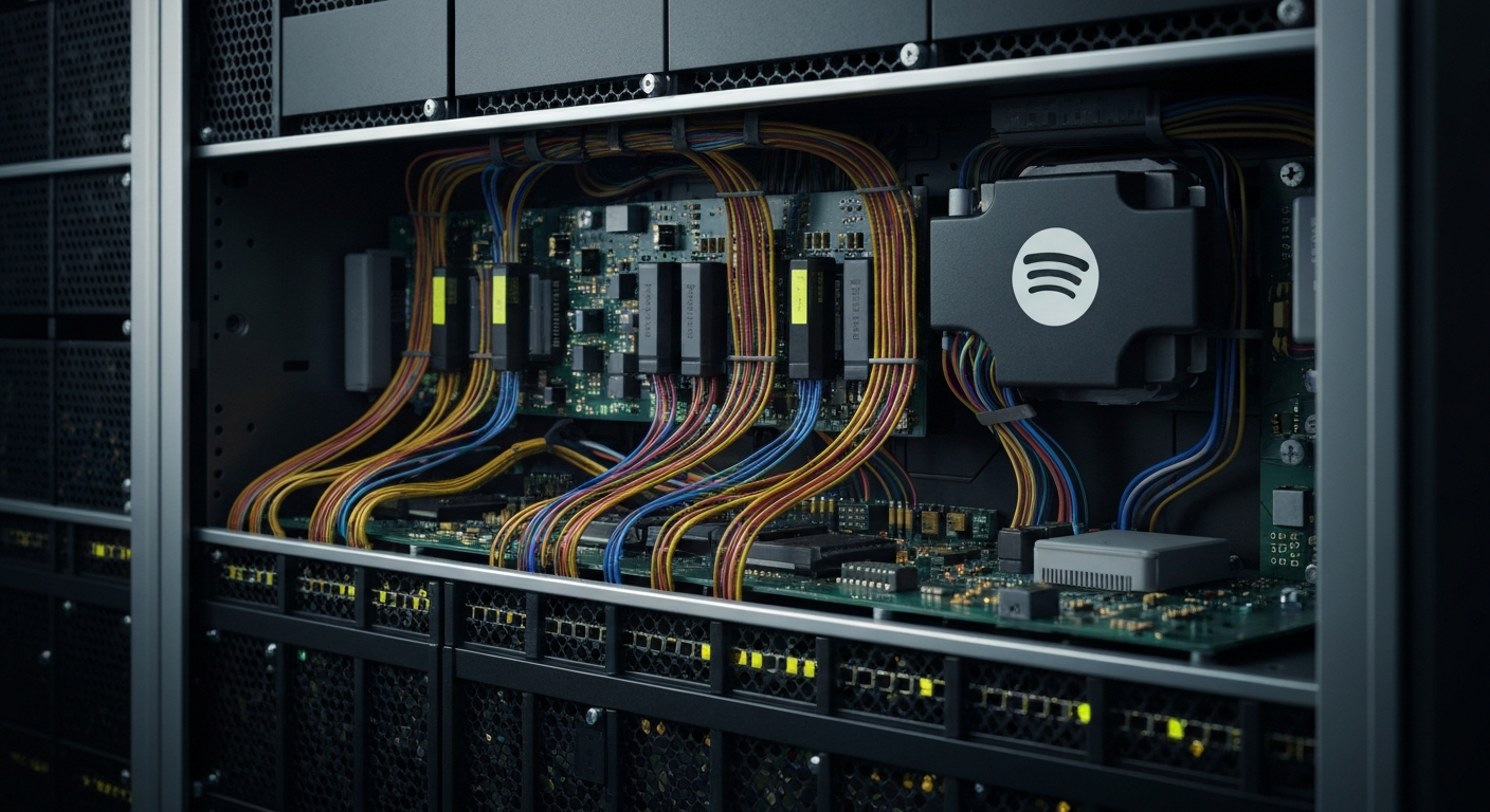 An extreme close-up of the intricate inner workings of a music streaming server, with metallic components and blinking lights, conveying the complex technological and financial infrastructure behind Spotify's platform.