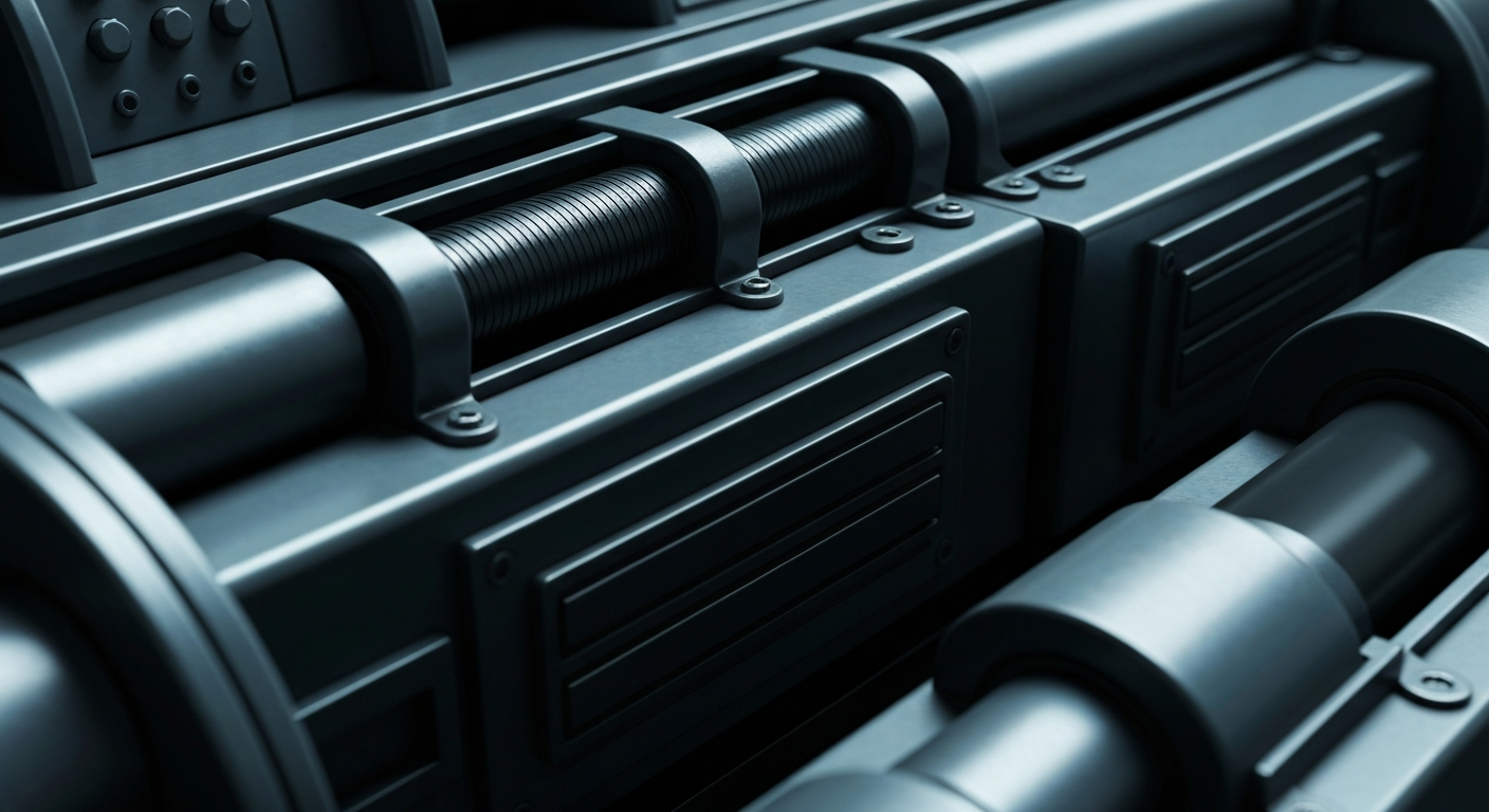 A dramatic close-up of industrial banking machinery and equipment, conveying the impersonal, institutional nature of the finance sector without using any text or symbols.