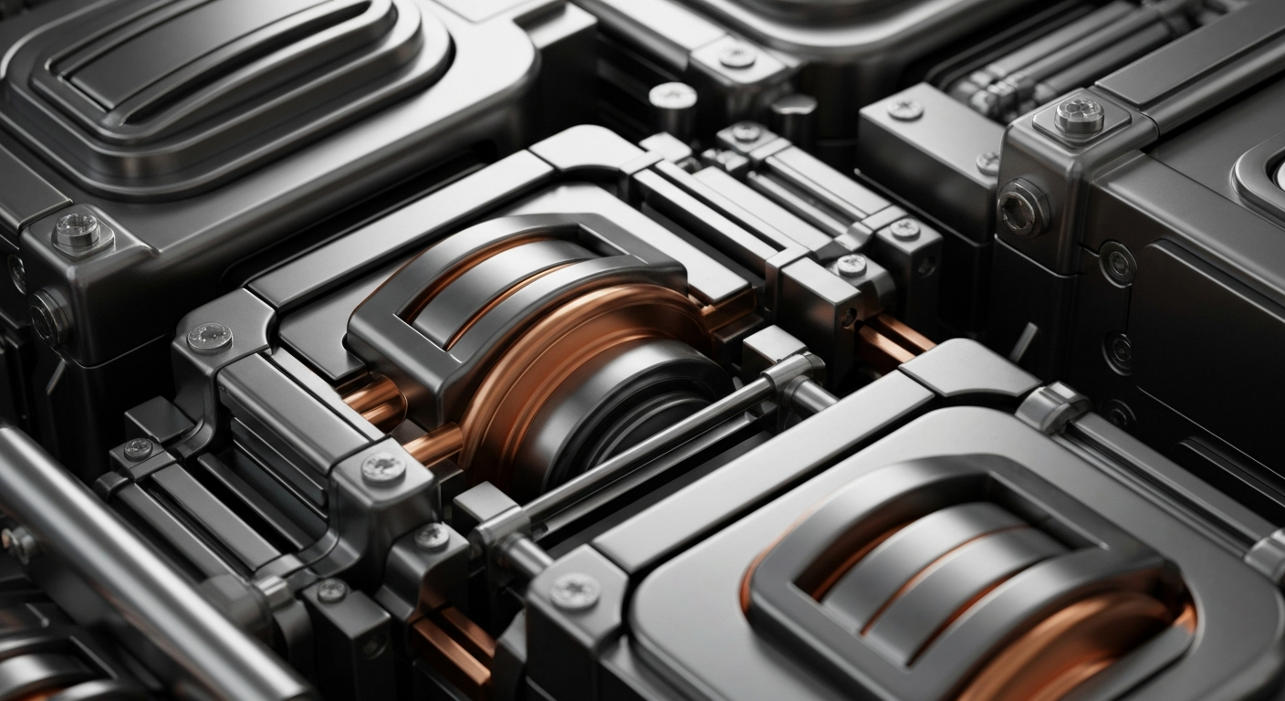 An extreme close-up of intricately engineered industrial components and machinery, conveying the robust, reliable nature of Amphenol's products and the firm's position within the global electronics supply chain.