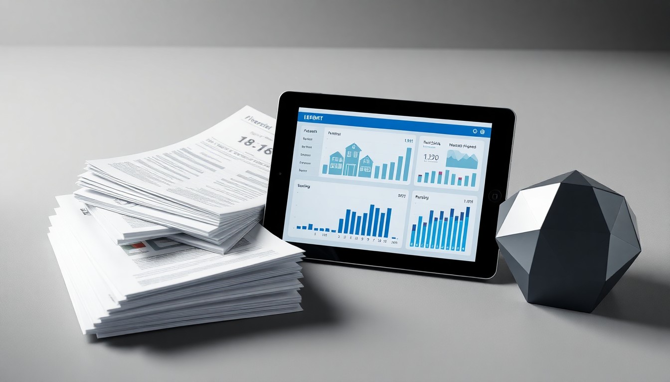 A photorealistic studio still life featuring a stack of financial reports, a tablet displaying real estate data visualizations, and a geometric paperweight in muted shades of grey and blue, conceptually representing the analytical tools and data used by investors in the commercial real estate sector.