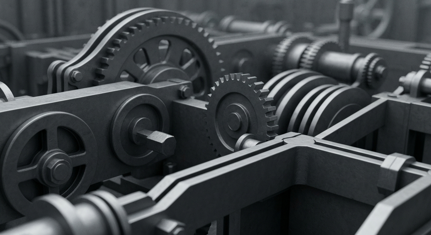 An extreme close-up of industrial gears and levers in muted tones of steel grey, conceptually representing the complex financial infrastructure and institutional banking systems that power the modern economy.