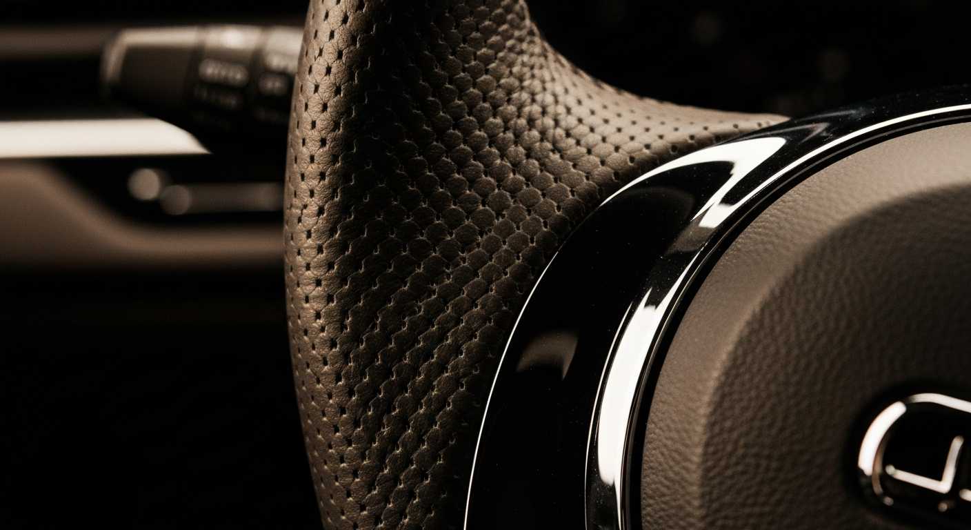 An extreme close-up photograph showcasing the intricate, pebbled texture of a leather automotive component, conveying a sense of quality craftsmanship and attention to detail.