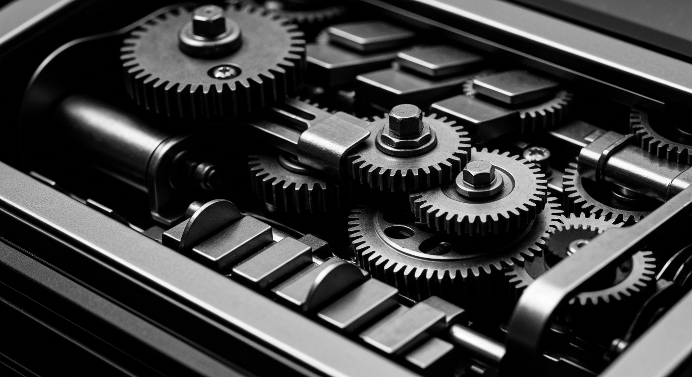 A high-contrast black and white close-up image of the intricate inner workings of a Mastercard payment processing machine, conveying a sense of the institutional strength and technological infrastructure behind the financial services giant.