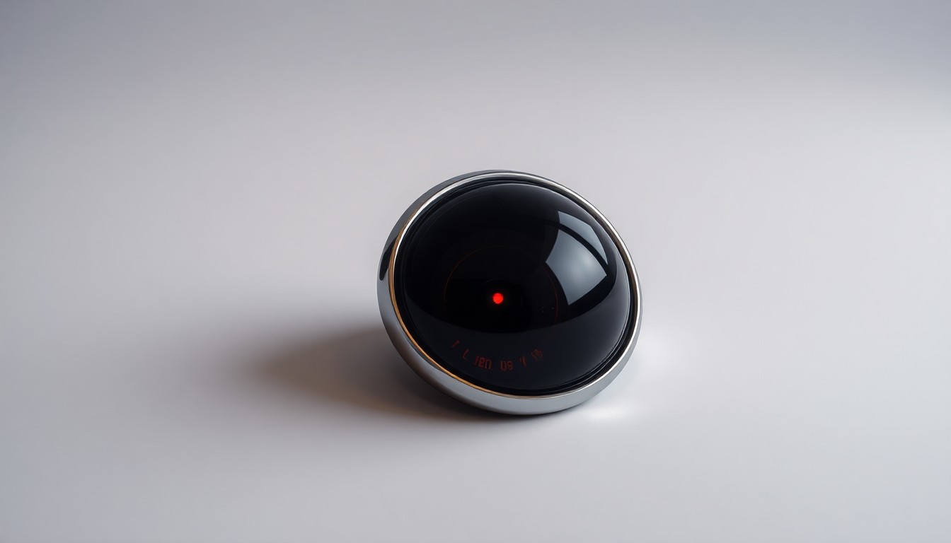 A close-up photograph of a shiny, metallic car sensor lens sitting on a clean, monochromatic background. The lens reflects a faint red light, conceptually representing the tensions and vandalism surrounding autonomous vehicle technology.