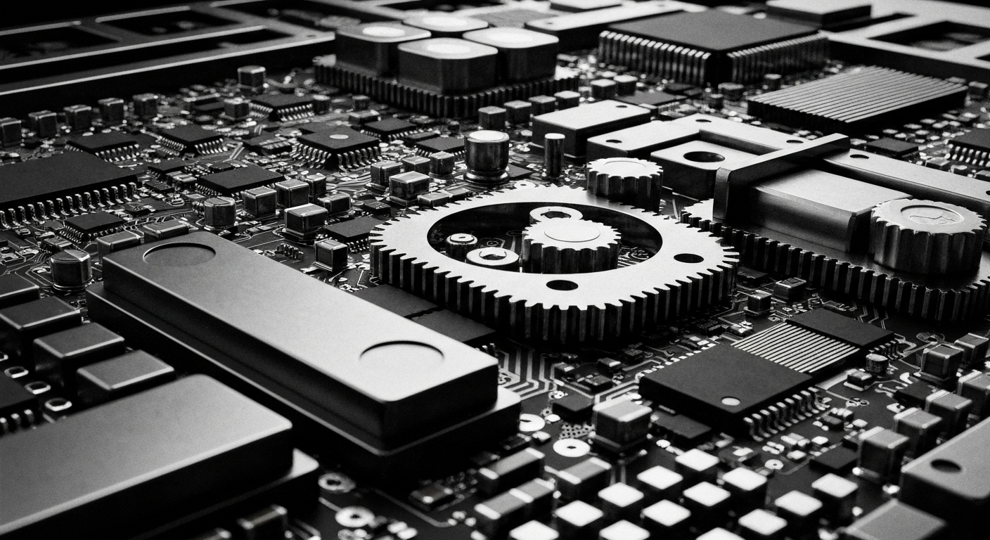 An extreme close-up of the intricate metal components, circuits, and gears that make up the internal machinery of a high-performance semiconductor chip, conveying a sense of the power, complexity, and precision of modern semiconductor technology.