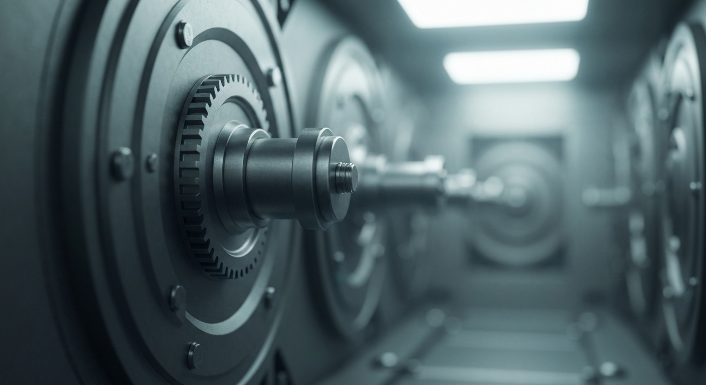 An extreme close-up of the inner workings of a high-tech banking vault, with gears, levers, and other mechanical components filling the frame and creating a sense of industrial power and security.