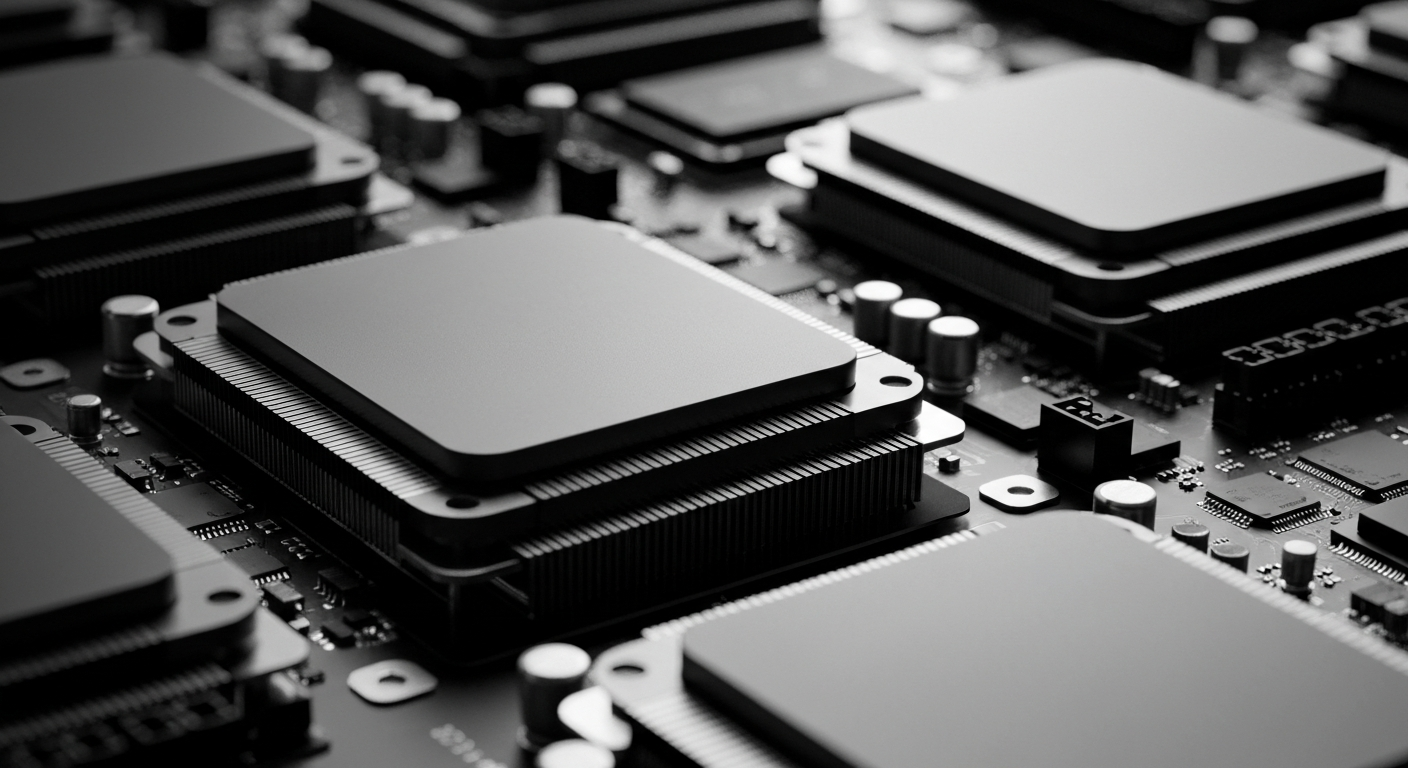 A high-contrast, close-up image of NVIDIA's industrial-looking data center hardware components, such as GPU chips and circuit boards, conveying the power and technical sophistication of the company's products.