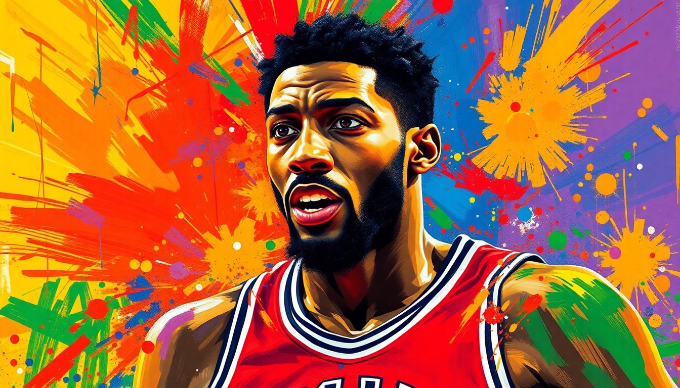 An abstract, expressionist painting in vibrant neon colors depicting the dynamic movements and energy of a basketball player on the court, with their features and details obscured by the bold, sweeping brushstrokes.