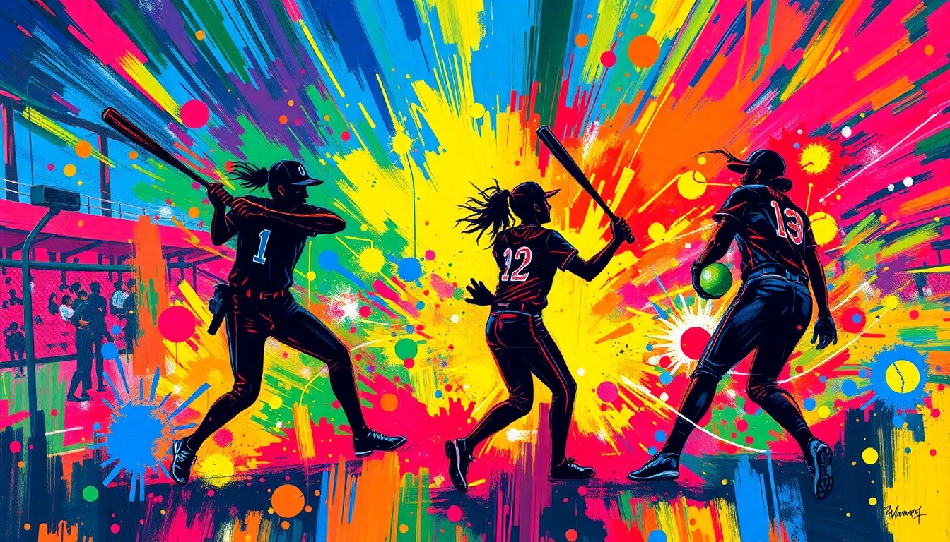 An abstract, energetic painting featuring bold, neon-colored brushstrokes that capture the raw power and momentum of a college softball game.