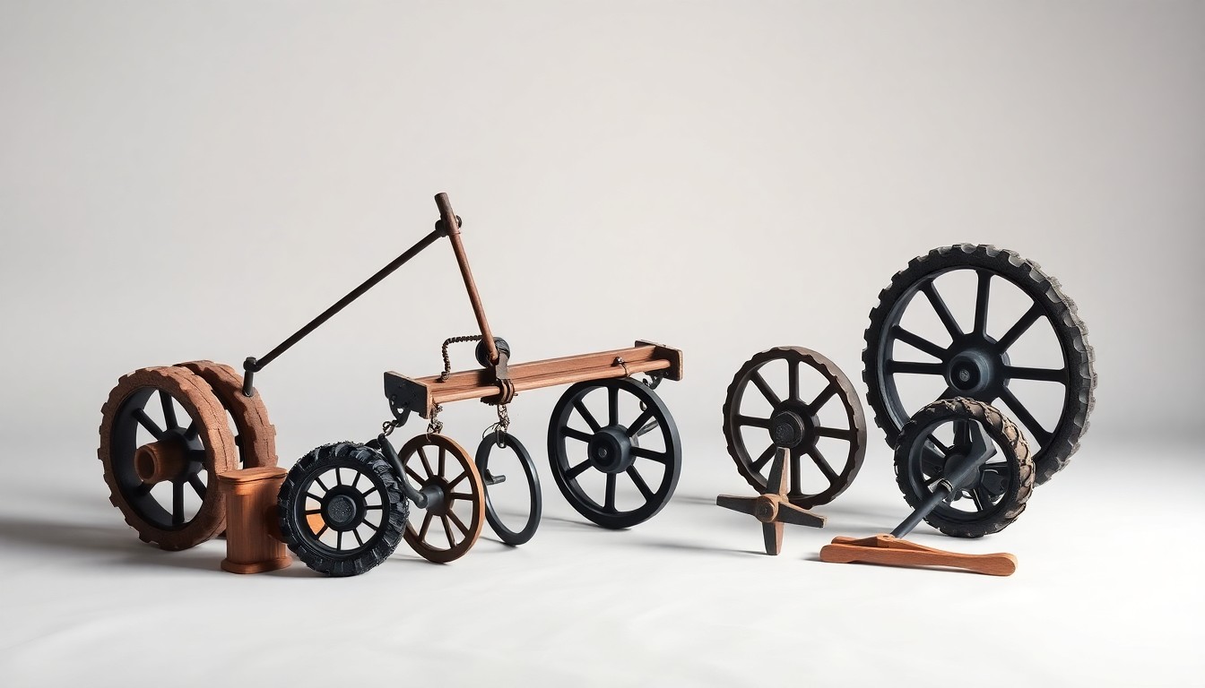 A high-end, photorealistic studio still-life photograph featuring a collection of no-till farming tools and equipment, including a no-till drill, gauge wheels, and packer wheels, arranged elegantly on a clean, monochromatic seamless background, conceptually representing the innovative problem-solving and adaptability required for successful no-till farming.