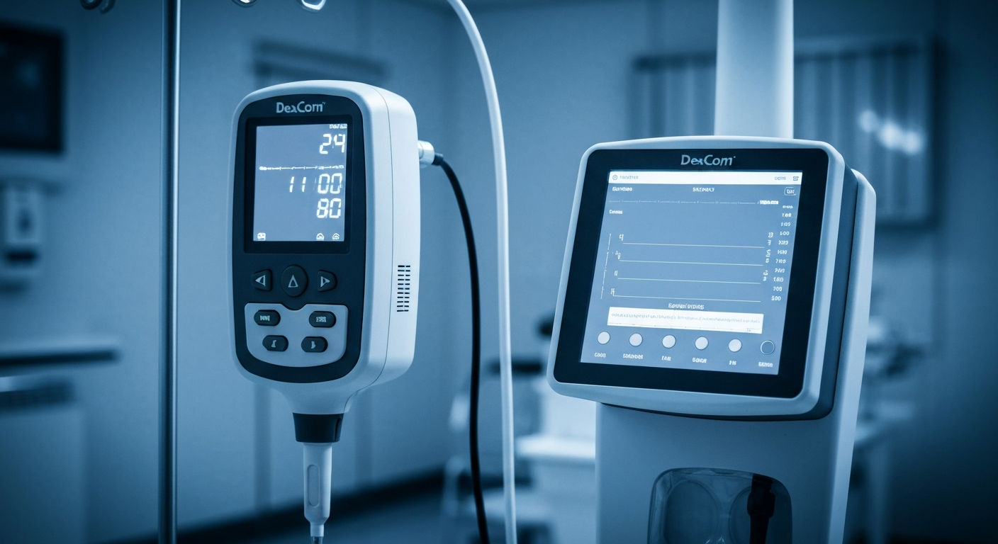 An extreme close-up of complex, metallic medical machinery and sensors, conveying the advanced engineering and technology behind continuous glucose monitoring devices.