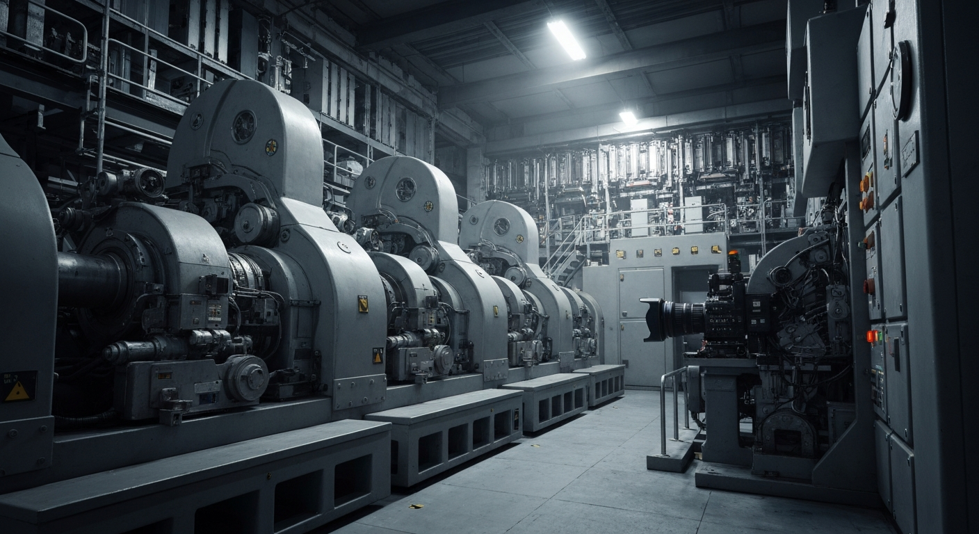 An extreme close-up of intricate, metallic banking and financial machinery, conveying a sense of the complex infrastructure underlying global investment and corporate finance.