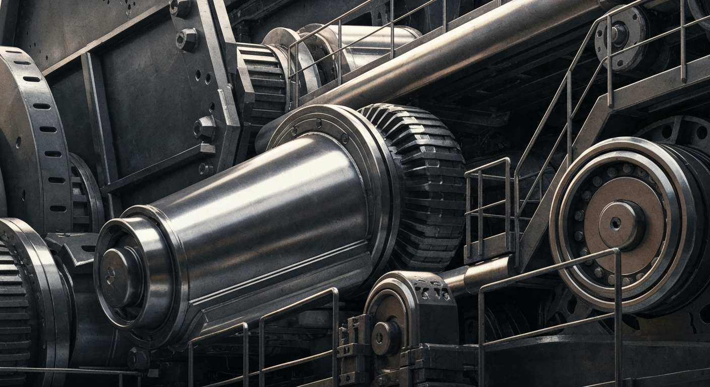 An extreme close-up of various heavy, metallic mining equipment and machinery, including gears, pipes, and other industrial components, conveying the scale and industrial nature of Newmont Corporation's gold mining operations.