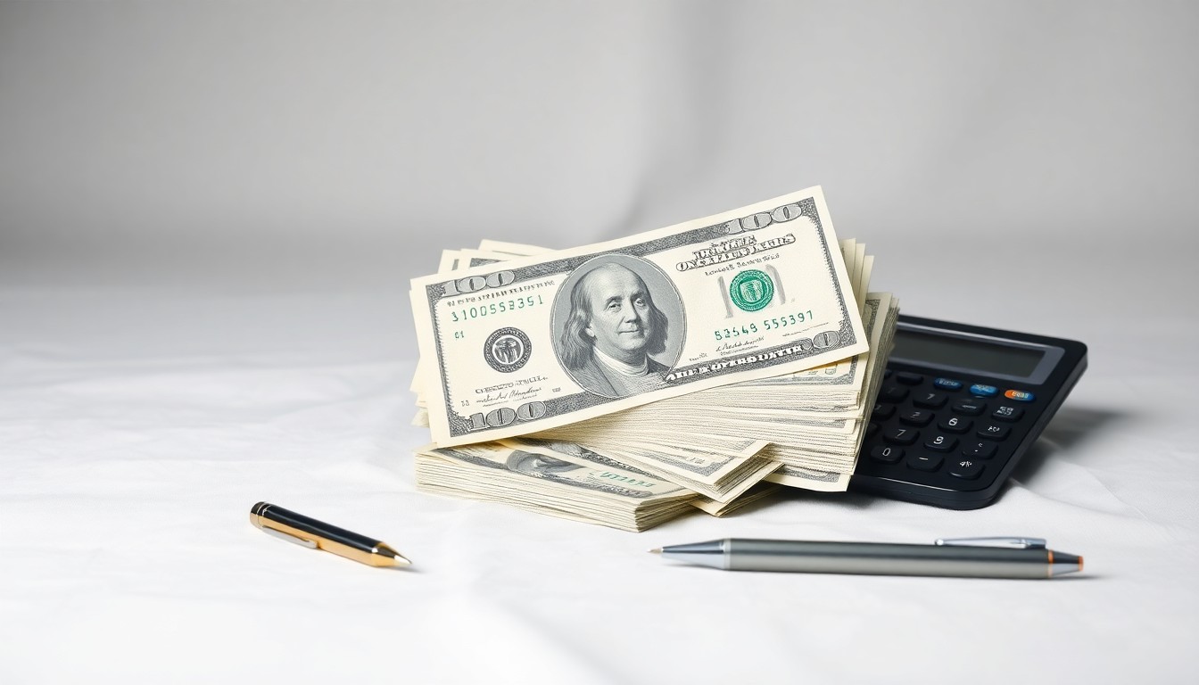A photorealistic studio still life featuring a stack of dollar bills, a calculator, and a pen arranged on a clean white background, symbolizing the financial aspects of Chipotle's business and institutional investment activity.
