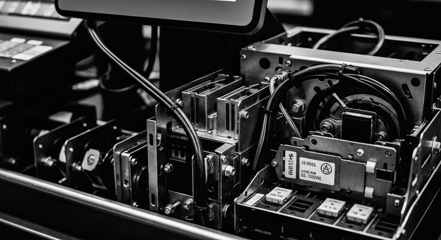 A high-contrast, black-and-white close-up image of the internal hardware and mechanics of a restaurant point-of-sale system, conveying the industrial and technological nature of the restaurant technology industry.
