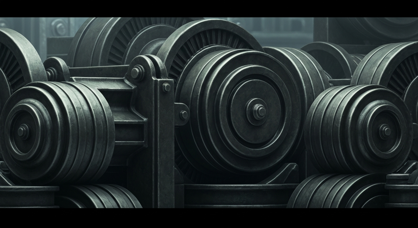 An extreme close-up of intricate, metallic gears and levers representing the complex financial infrastructure of the healthcare insurance industry.