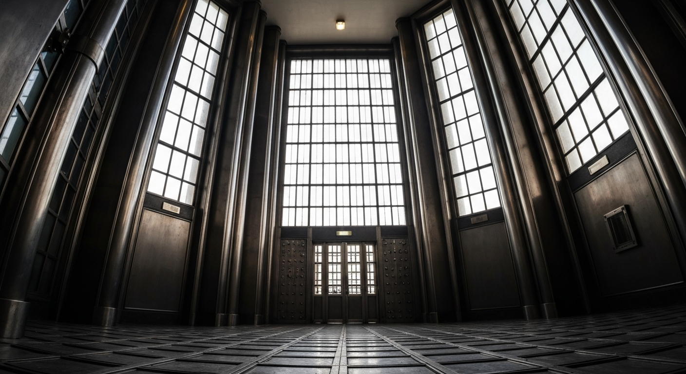 An extreme close-up of gleaming, industrial banking equipment and vaults, conveying the secure, institutional nature of the financial industry without using any text or symbols.