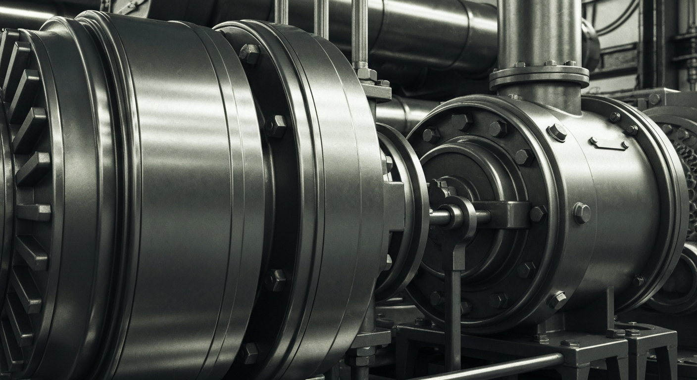 A dramatic, high-contrast close-up of the intricate gears, valves, and pipes of an industrial machine, conveying the physical power and security of a major utility company's financial infrastructure.