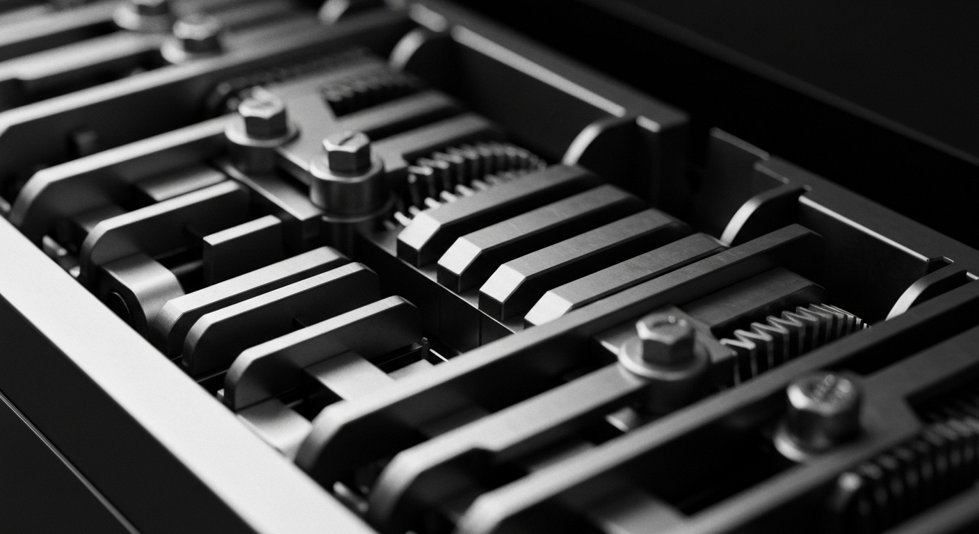 An extreme close-up of the complex inner workings of a credit card processing machine, captured in a stark, high-contrast black-and-white style that conveys the industrial might and technological sophistication of the modern payments industry.