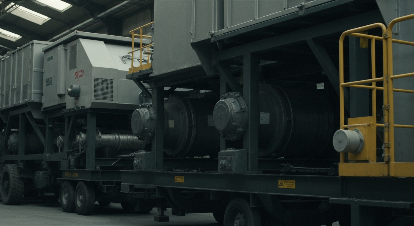 An extreme close-up of gears, conveyor belts, and other heavy industrial equipment used in Sysco's food distribution network, conveying the scale and complexity of the company's physical infrastructure.