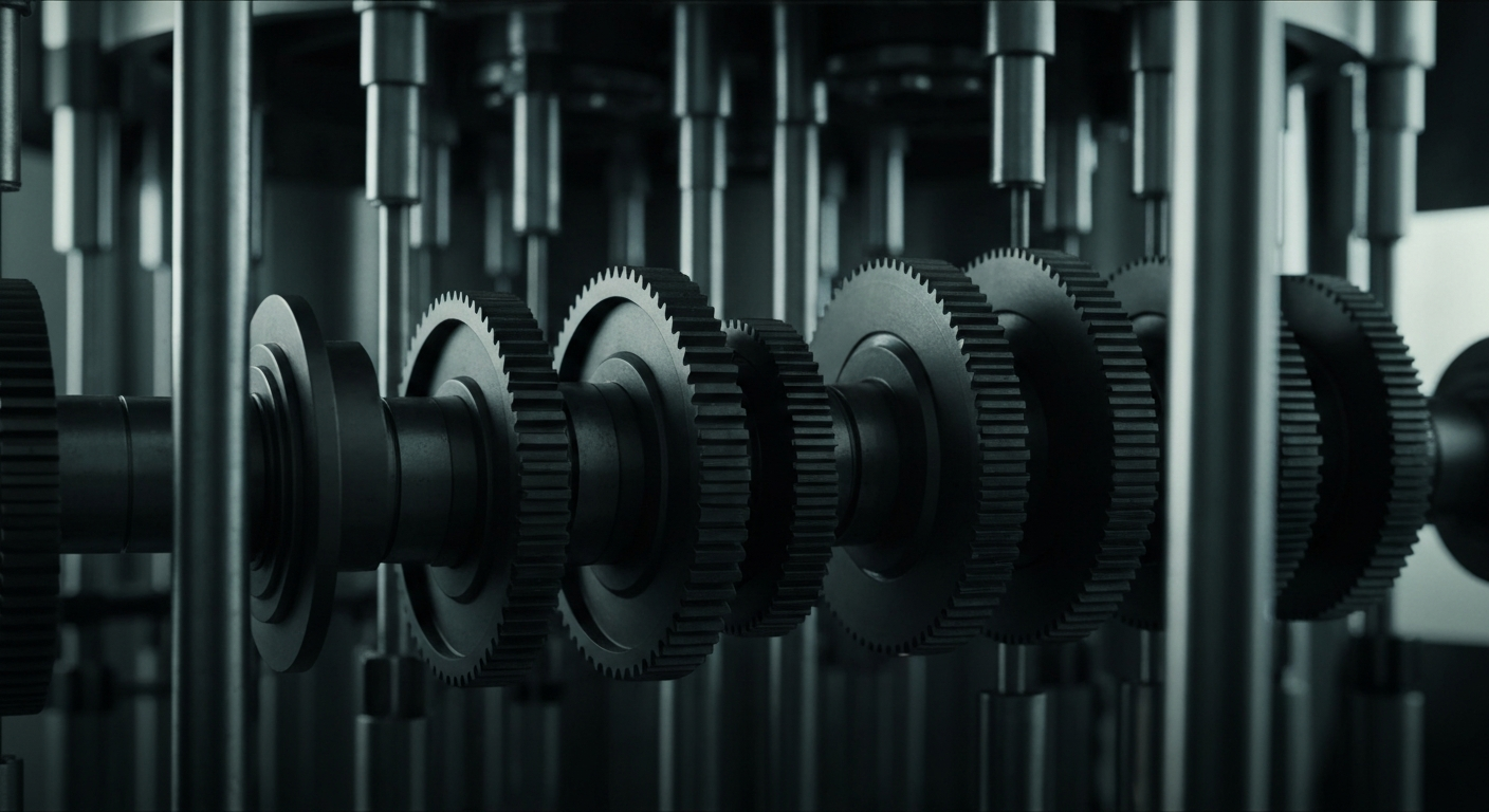 A highly detailed, cinematic close-up image of the complex gears, valves, and mechanisms that make up the inner workings of an industrial bottling machine, conceptually representing the financial infrastructure and operational machinery behind a global consumer brand like Coca-Cola.