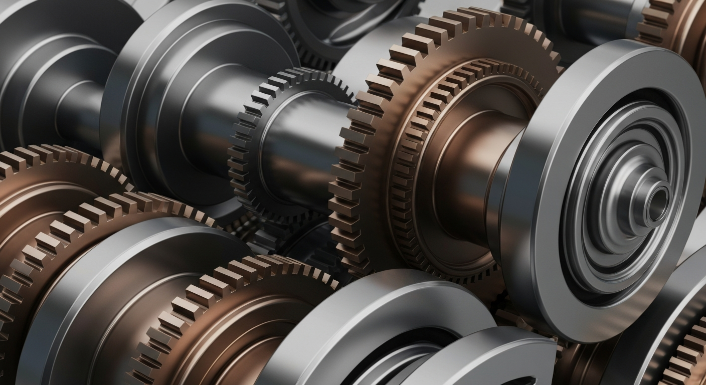 A highly detailed, cinematic close-up image of heavy, industrial banking machinery and gears in shades of steel grey, bronze, and chrome, conveying the secure infrastructure and stored wealth of the financial industry.