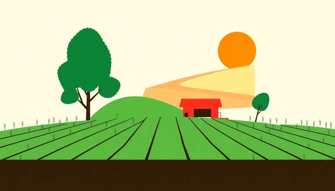 A minimalist illustration using bold shapes and primary colors to conceptually represent the cost savings and soil quality improvements associated with no-till farming practices.