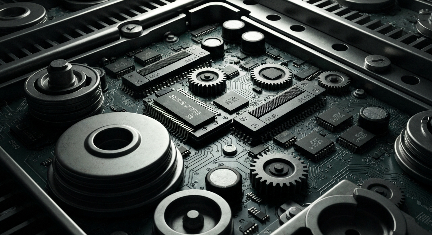 A highly detailed, black-and-white close-up photograph of complex financial machinery, conveying a sense of the institutional power and infrastructure underlying the cryptocurrency market.