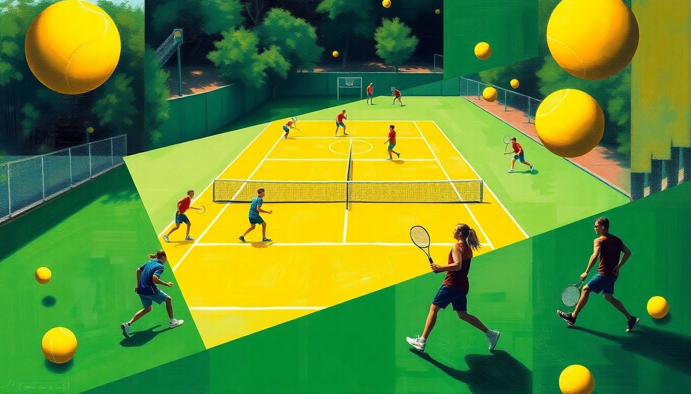 A cubist, geometric painting depicting a high school tennis match, with blurred players and bright green courts and yellow balls fractured into overlapping planes.
