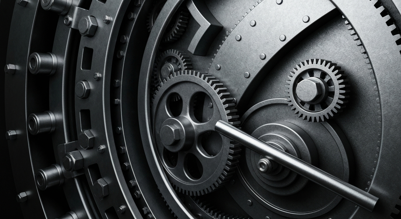 An extreme close-up of the heavy, industrial mechanisms of a bank vault door, conveying a sense of financial security and institutional power without using any literal currency or charts.