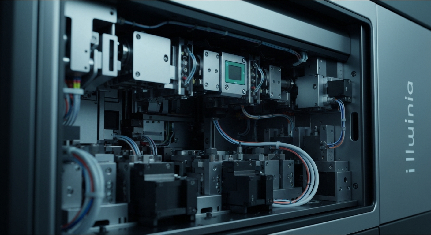 An extreme close-up of the inner workings of a DNA sequencing machine, with a focus on the precision engineering and industrial design that powers Illumina's advanced genomics technology.