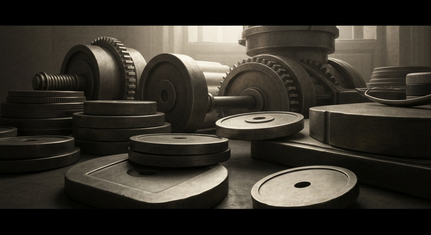 An extreme close-up of intricate, metallic banking machinery and equipment, conveying the complex, institutional nature of finance and investment without using any literal financial symbols or text.