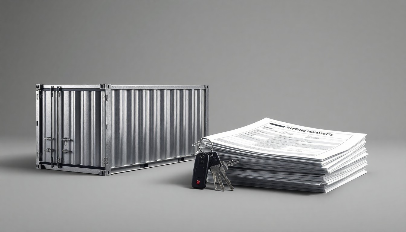 A photorealistic studio still life featuring a polished metal shipping container, a set of truck keys, and a stack of shipping manifests, symbolizing the logistics and transportation industry.