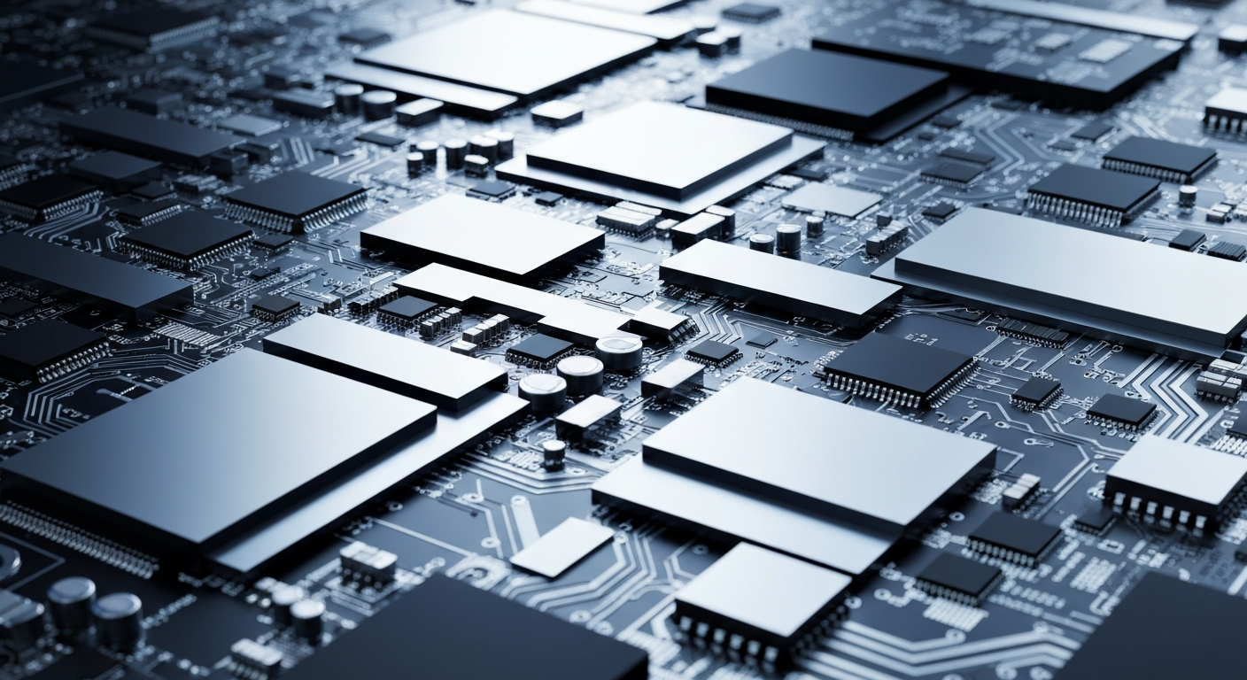 An extreme close-up of intricate, metallic semiconductor components and circuit boards, conceptually representing the complex technology that enables modern data infrastructure and connectivity.