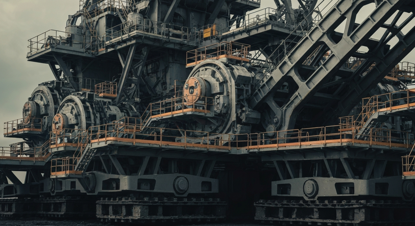 An extreme close-up of complex, interlocking gold mining machinery in muted industrial tones, conveying the scale and sophistication of the global gold production network.