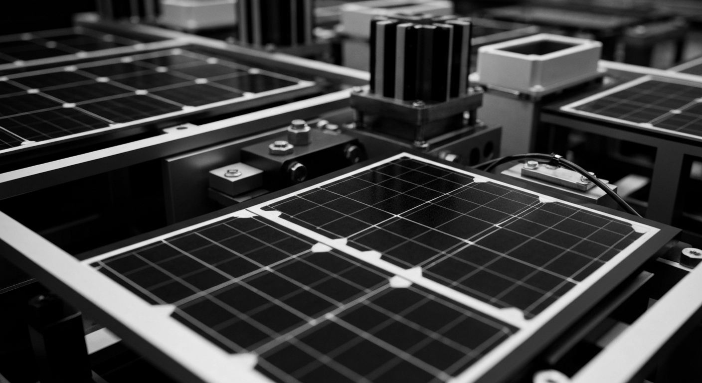 A high-contrast black and white image focusing on the intricate, industrial components of solar cell manufacturing equipment, conveying the physical, technical nature of renewable energy production.