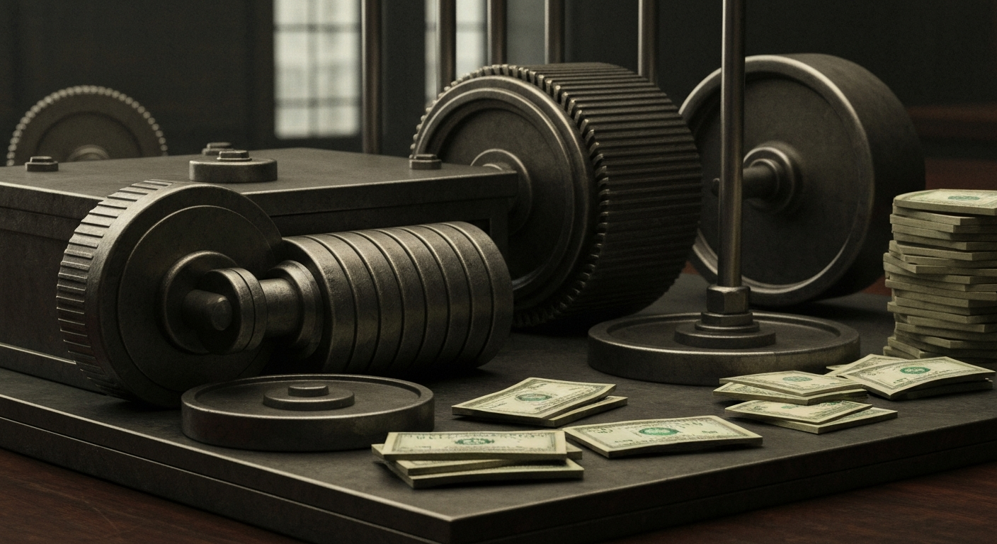 An extreme close-up of gears, levers, and other heavy industrial banking machinery, conveying a sense of financial security and institutional power without using literal currency or charts.
