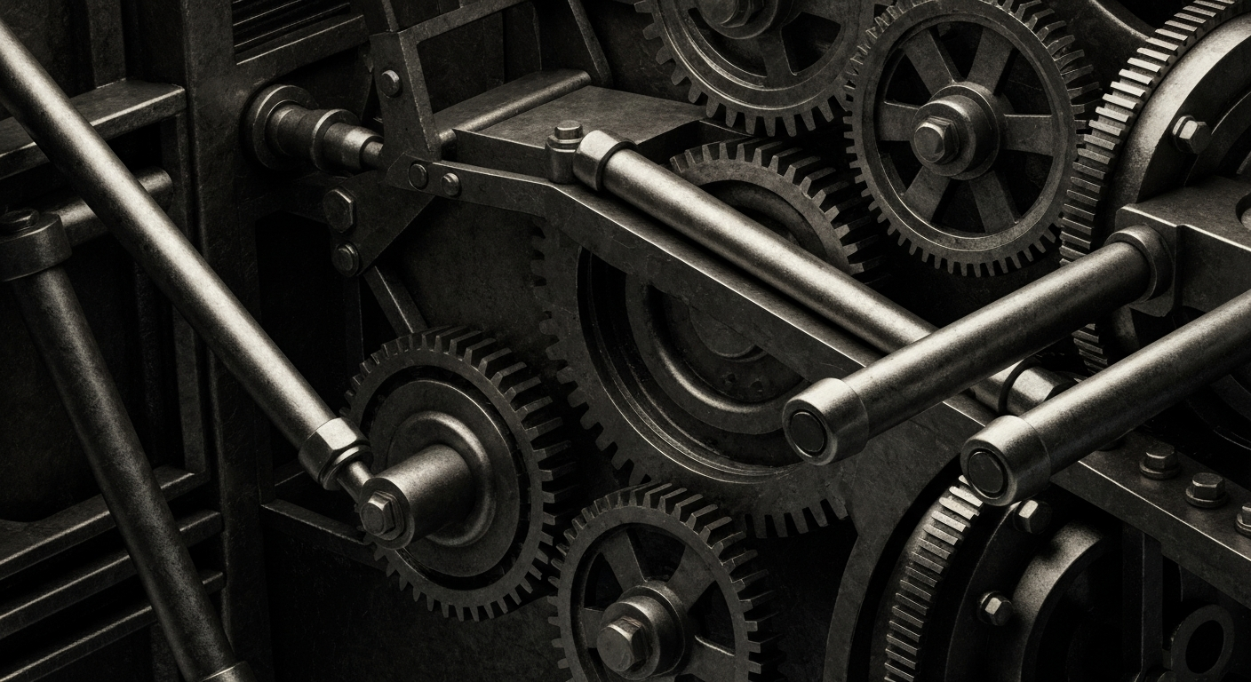 An extreme close-up of industrial machinery and equipment, conveying the complex, powerful, and interconnected nature of the advertising and marketing services sector without using any text or identifiable elements.