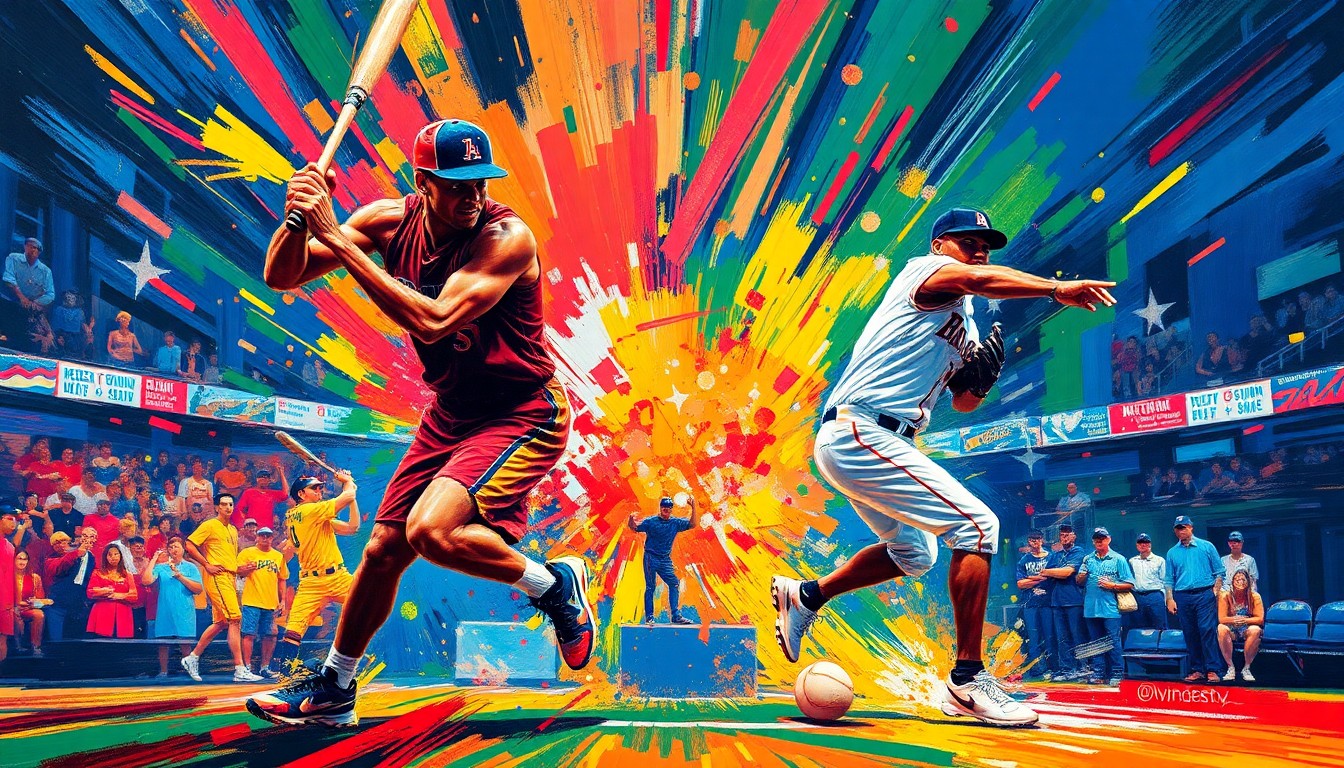 An abstract, energetic painting featuring bold, neon-colored brushstrokes that capture the dynamic motion and intensity of a baseball game, conveying the Storm's dominant performance over the Falcons.
