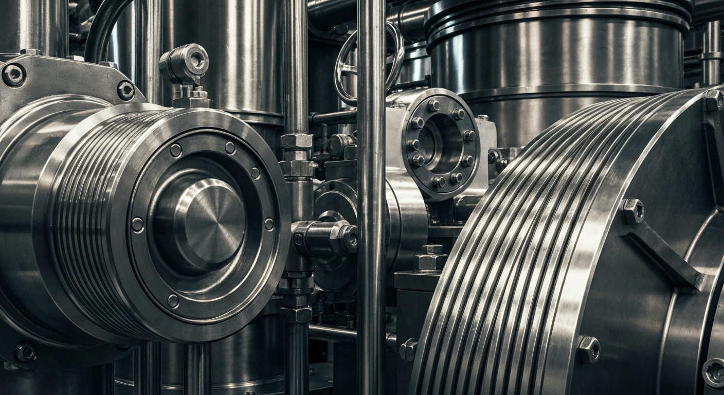 An extreme close-up of gleaming, intricate industrial machinery and equipment, conveying the strength and precision of the global chemicals industry without using any text or identifiable branding.