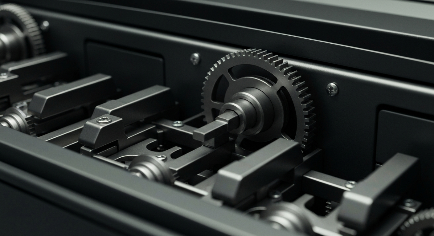 An extreme close-up of the inner workings of a high-end cash register or point-of-sale system, with a focus on the intricate gears, circuits, and mechanisms that represent the institutional banking and financial infrastructure powering a major retail business.
