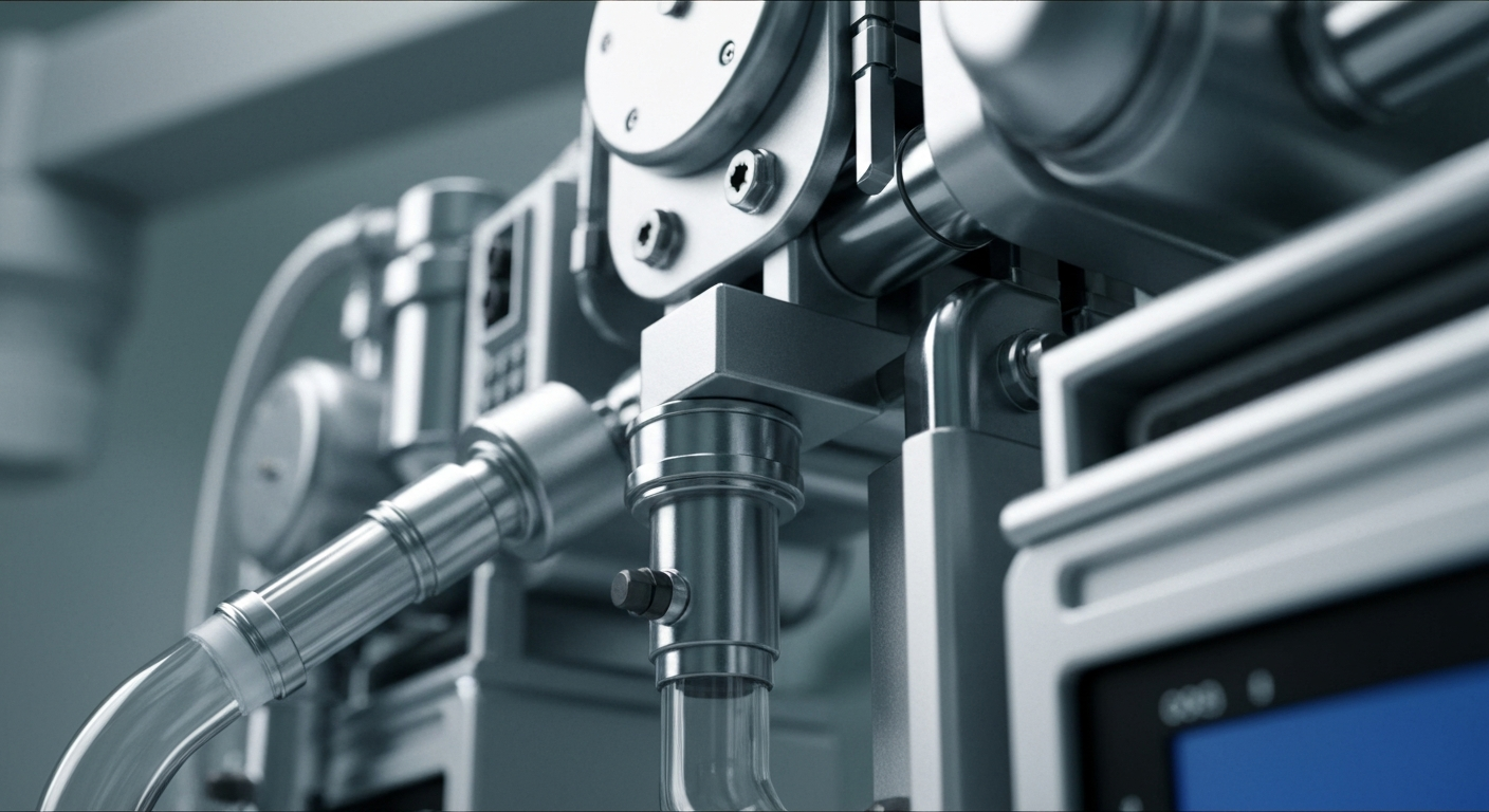 An extreme close-up of complex medical machinery and equipment in shades of silver, steel, and chrome, conceptually representing the advanced engineering behind ResMed's respiratory care devices.