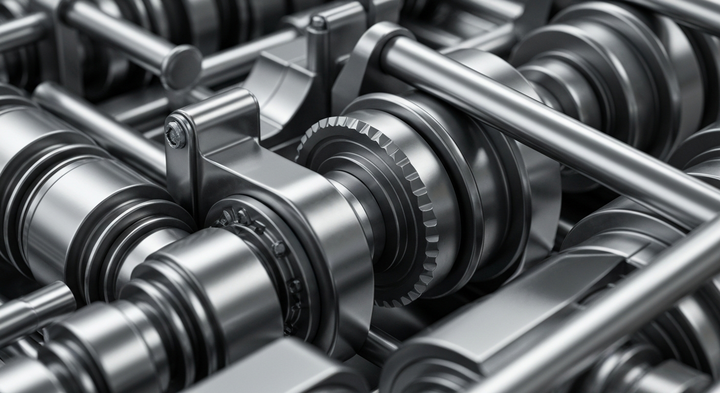 An extreme close-up of intricate, industrial-looking banking machinery and mechanisms, conveying the institutional power and financial security of PNC Financial Services.