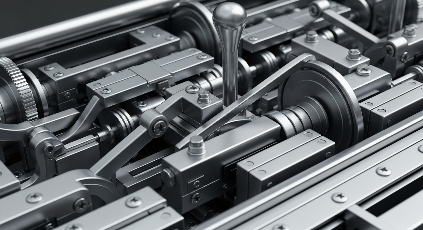 A dramatic close-up of intricate, polished banking machinery and mechanisms, representing the complex financial infrastructure and institutional power behind Robinhood's growth and challenges.
