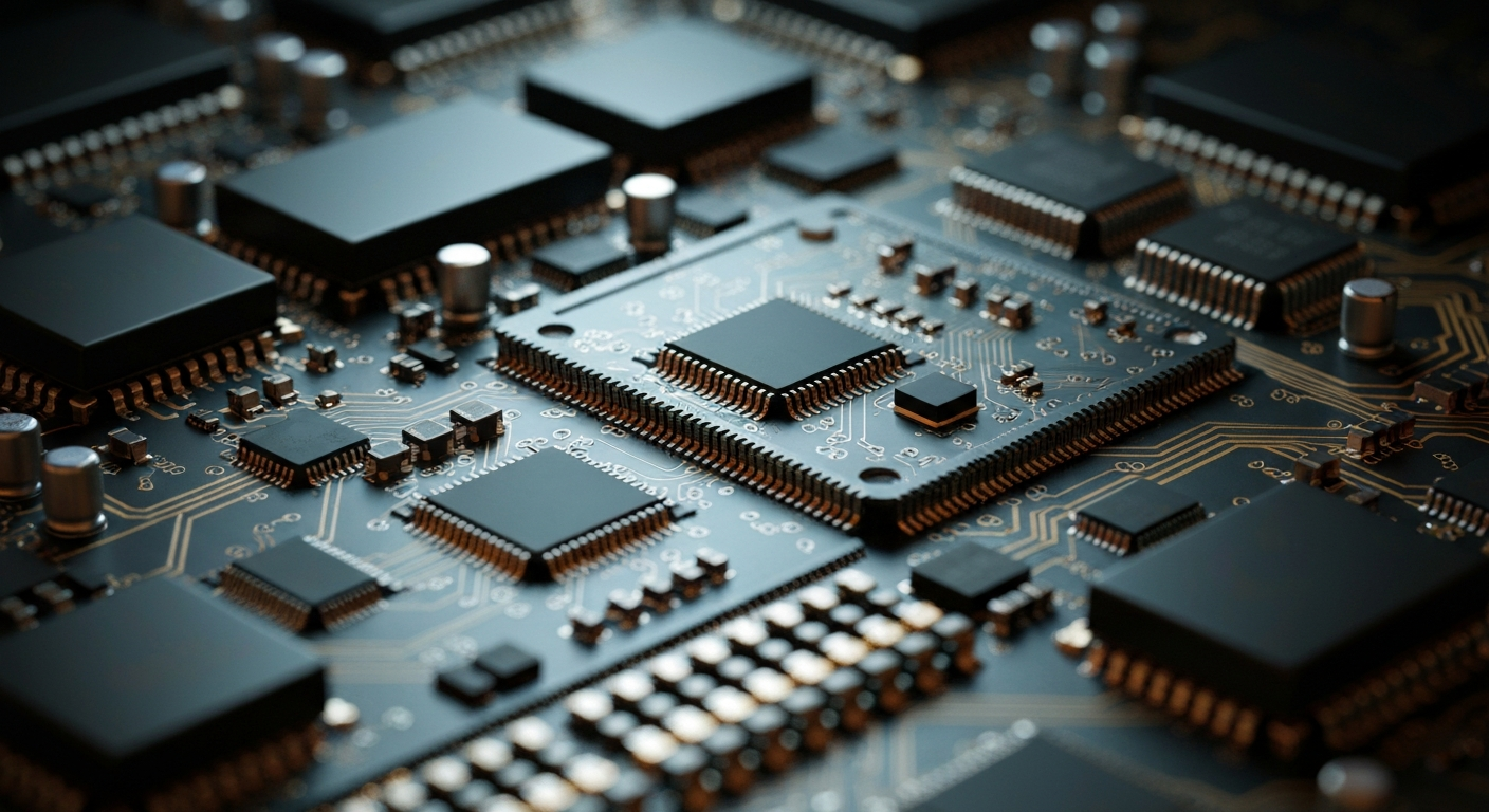 A highly detailed, cinematic macro photograph of the inner workings of a semiconductor device, with metallic components and circuit boards illuminated dramatically to convey the complex financial and technological power of the semiconductor industry.