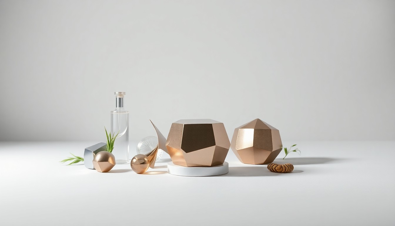 A high-end, photorealistic studio still-life photograph featuring a collection of polished, geometric objects in shades of green and brown, representing the abstract concepts of agricultural innovation, weed control, and precision farming.