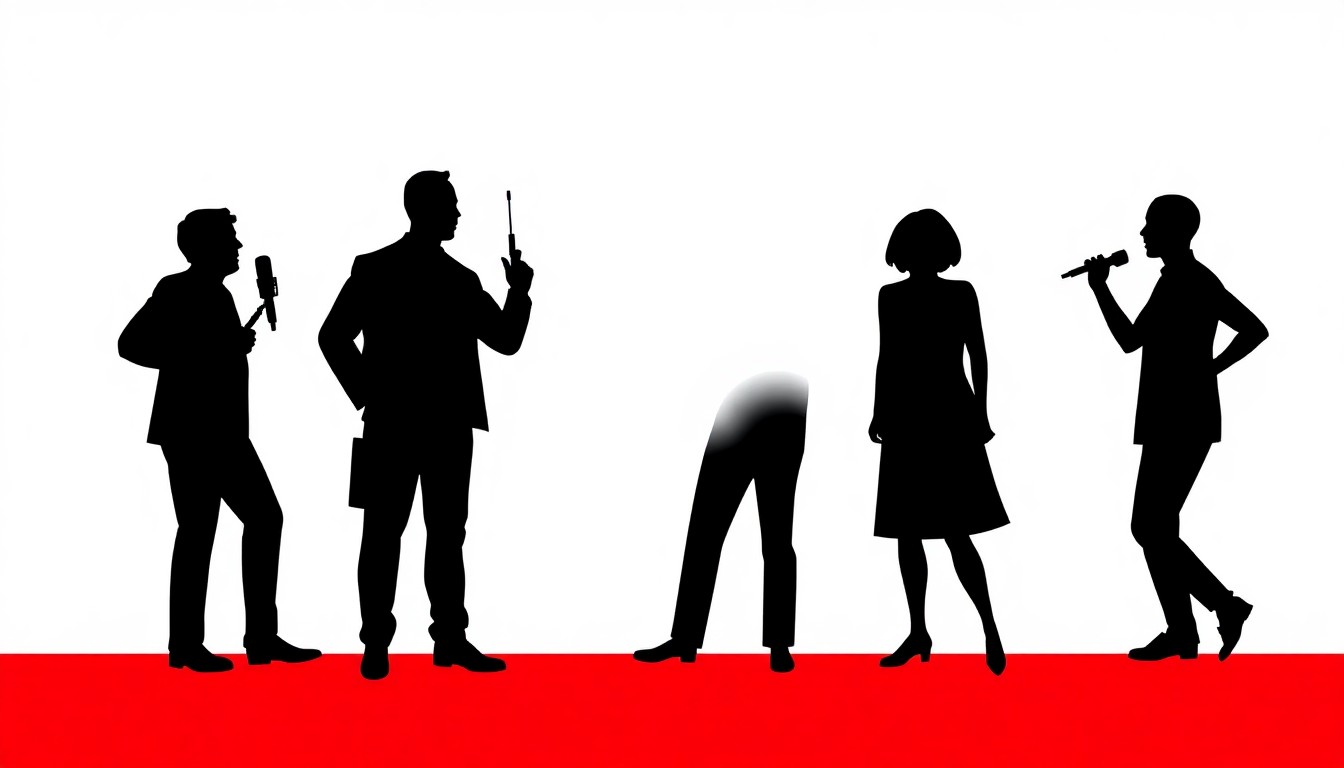 An abstract, minimalist illustration featuring stark black silhouettes of two figures against a vibrant red background, conceptually representing the lasting impact of a pioneering radio duo.