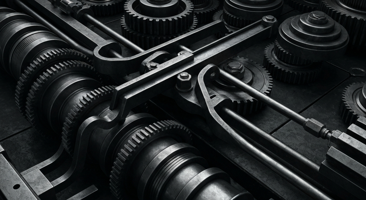 An extreme close-up of various metal gears, levers, and other heavy machinery components in a dark, industrial setting, conveying the complex financial infrastructure and mechanics underlying institutional investment decisions.