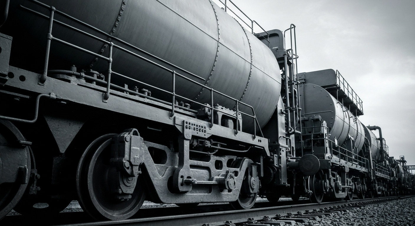 An extreme close-up of intricate, metallic railroad machinery and equipment, conveying the industrial power and scale of the transportation sector.