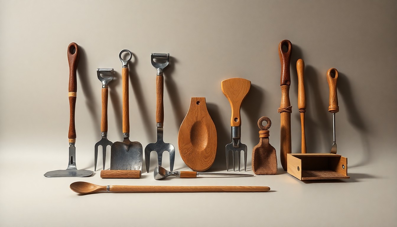 An arrangement of polished steel, wood, and leather farm implements, including a pitchfork, shovel, and hoe, conceptually representing the sustainable and financially secure practices of a multi-generational family farm.